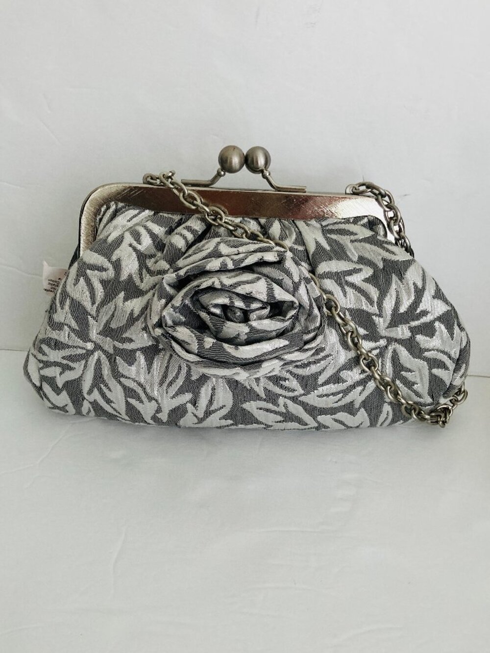 Behnaz Sarafpour Silver Gray Rosette Metallic Kiss Lock Evening Handbag